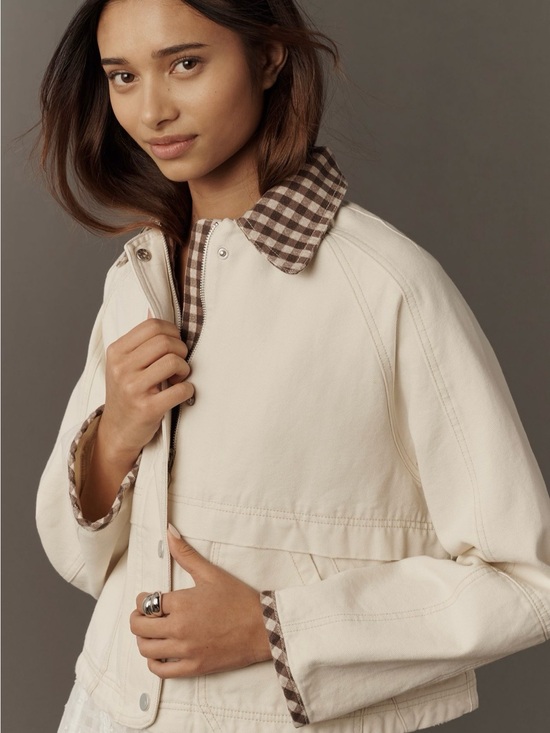 Anthropologie Jackets & Blazers - NWT Anthropologie Ivory Utility Jacket Brown Gingham Collar Size M